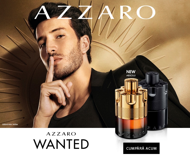 Parfum Azzaro Wanted cu flacon auriu și negru, prezentare produs eCommerce
